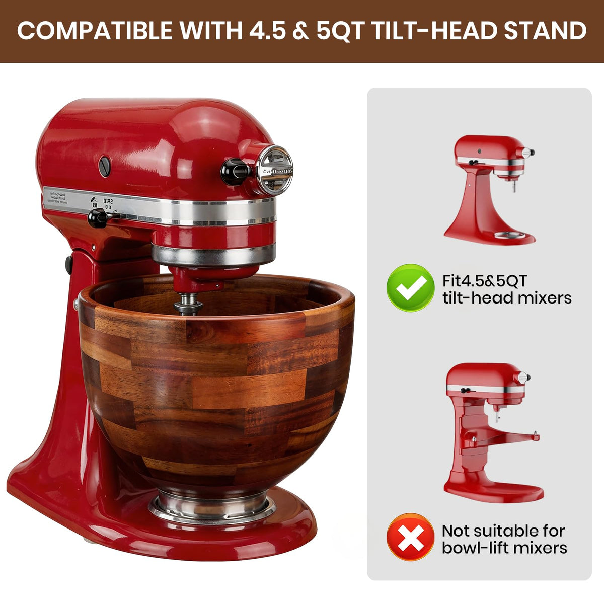 COOBL Acacia Wood Mixing Bowl for KitchenAid 5QT Stand Mixer