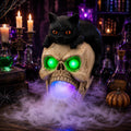Halloween Black Cat Skull Mist Decoration with Glowing Green Eyes, Lighted Resin Skull Cat Decor with Built-in Atomizer, Spooky Tabletop Decor for Indoor Party Living Room Haunted House