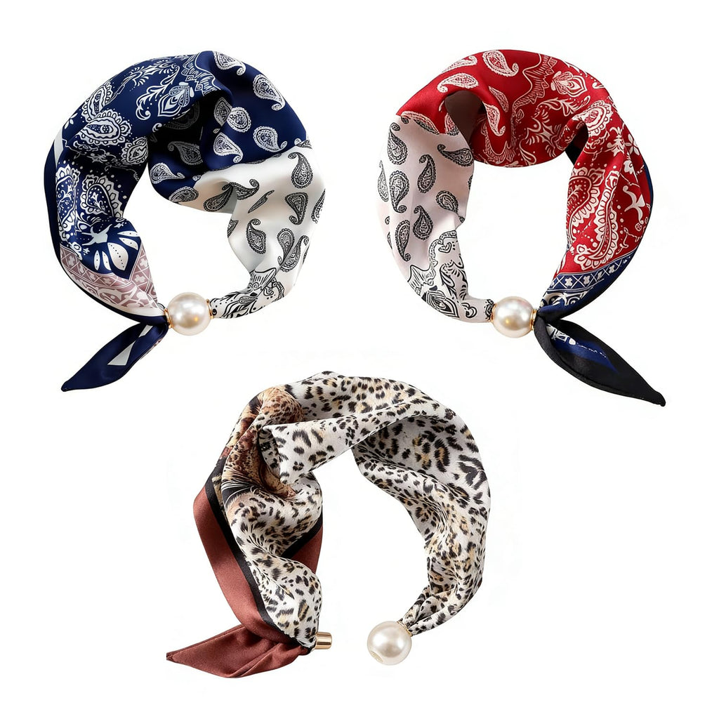 Sqsyqz 3PCS Magnetic Closure Scarf for Women, No Knot Pearl Satin Neckerchief, Silk Scarf Necklace for Woman (Leopard print)
