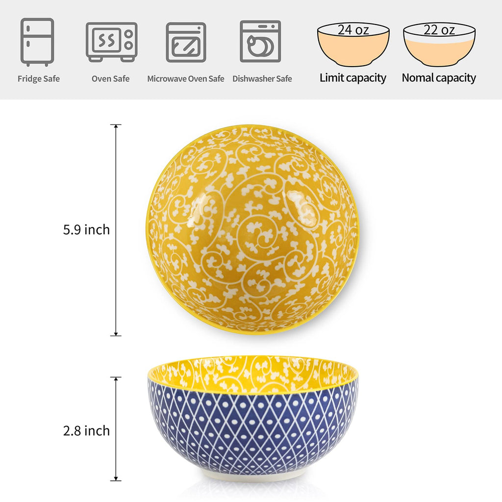 Selamica Ceramic Cereal Bowls Set of 6, 24 Oz Deep Soup Bowls for Kitchen