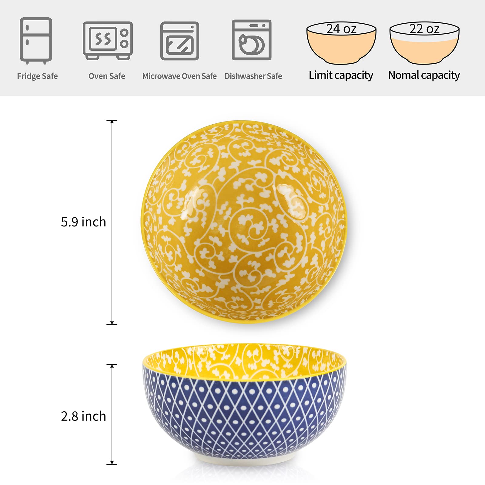 Selamica Ceramic Cereal Bowls Set of 6, 24 Oz Deep Soup Bowls for Kitchen