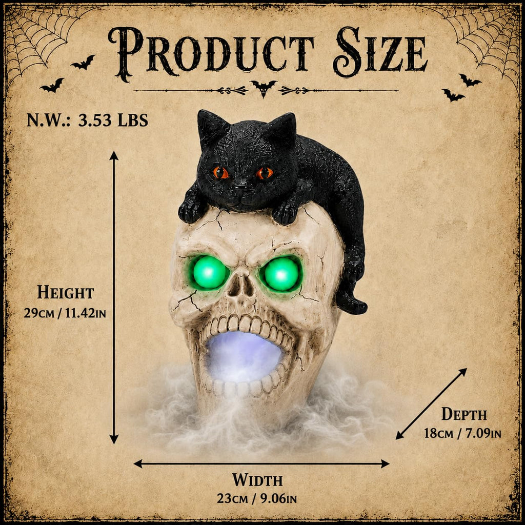 Halloween Black Cat Skull Mist Decoration with Glowing Green Eyes, Lighted Resin Skull Cat Decor with Built-in Atomizer, Spooky Tabletop Decor for Indoor Party Living Room Haunted House