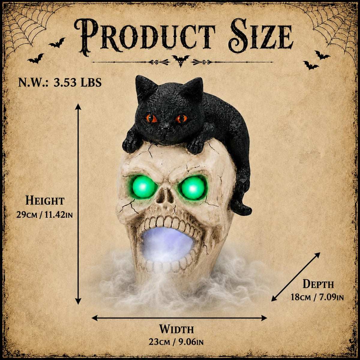 Halloween Black Cat Skull Mist Decoration with Glowing Green Eyes, Lighted Resin Skull Cat Decor with Built-in Atomizer, Spooky Tabletop Decor for Indoor Party Living Room Haunted House