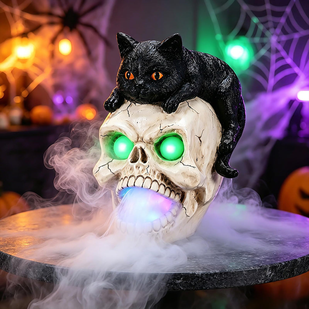 Halloween Black Cat Skull Mist Decoration with Glowing Green Eyes, Lighted Resin Skull Cat Decor with Built-in Atomizer, Spooky Tabletop Decor for Indoor Party Living Room Haunted House