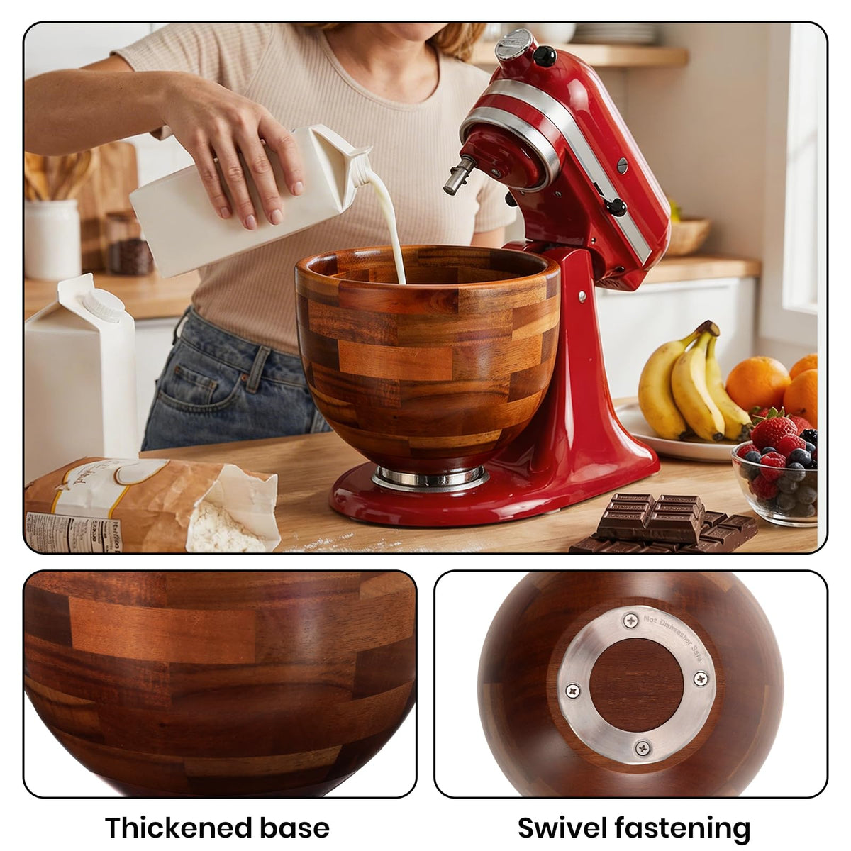 COOBL Acacia Wood Mixing Bowl for KitchenAid 5QT Stand Mixer