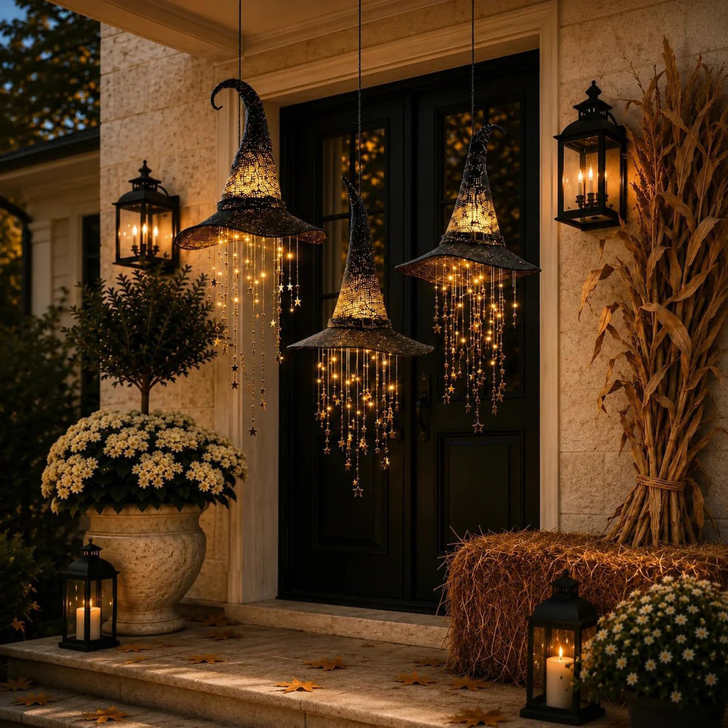 Lighted Witch Hat Hanging Chime, LED Halloween Hanging Decor，4 Pack