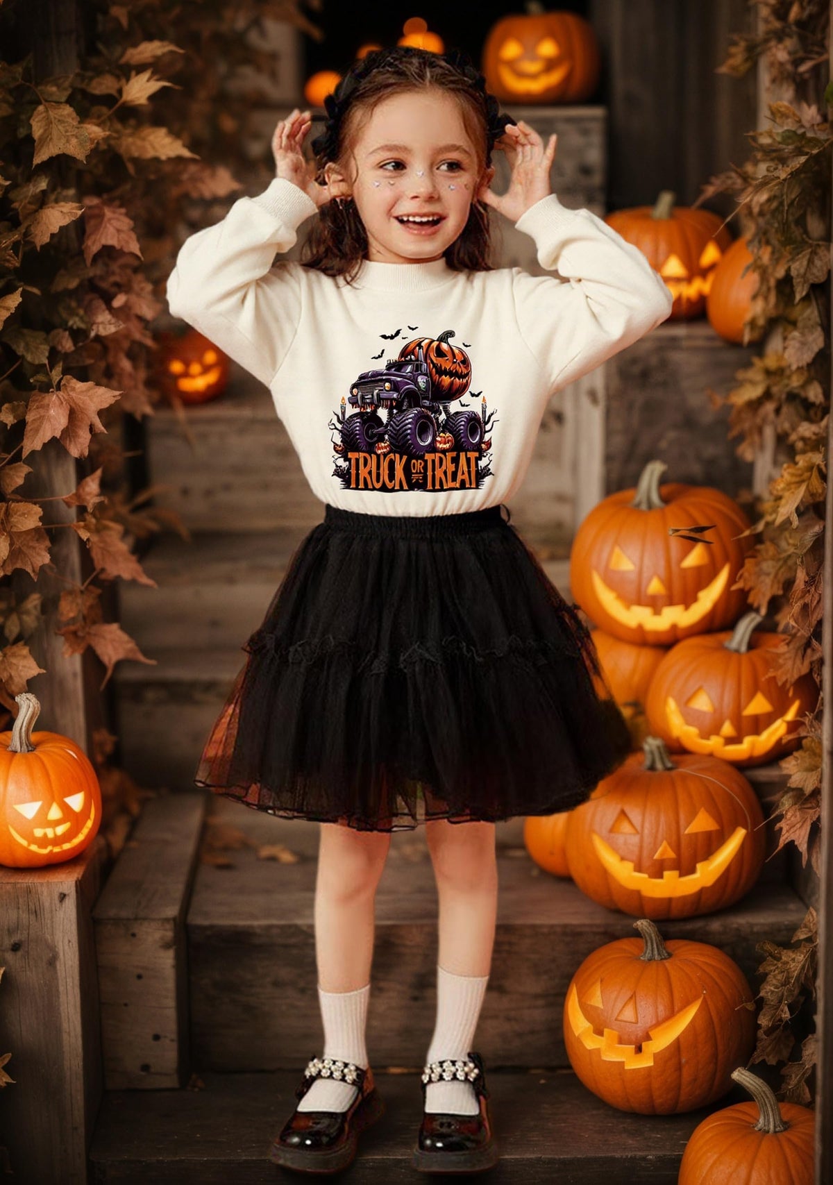 HQHKEPWA Toddler Halloween Sweatshirt 2t Boys Pumpkin Bat Monster Truck Girls Kids Shirt Cotton Long Sleeve Graphic Beige