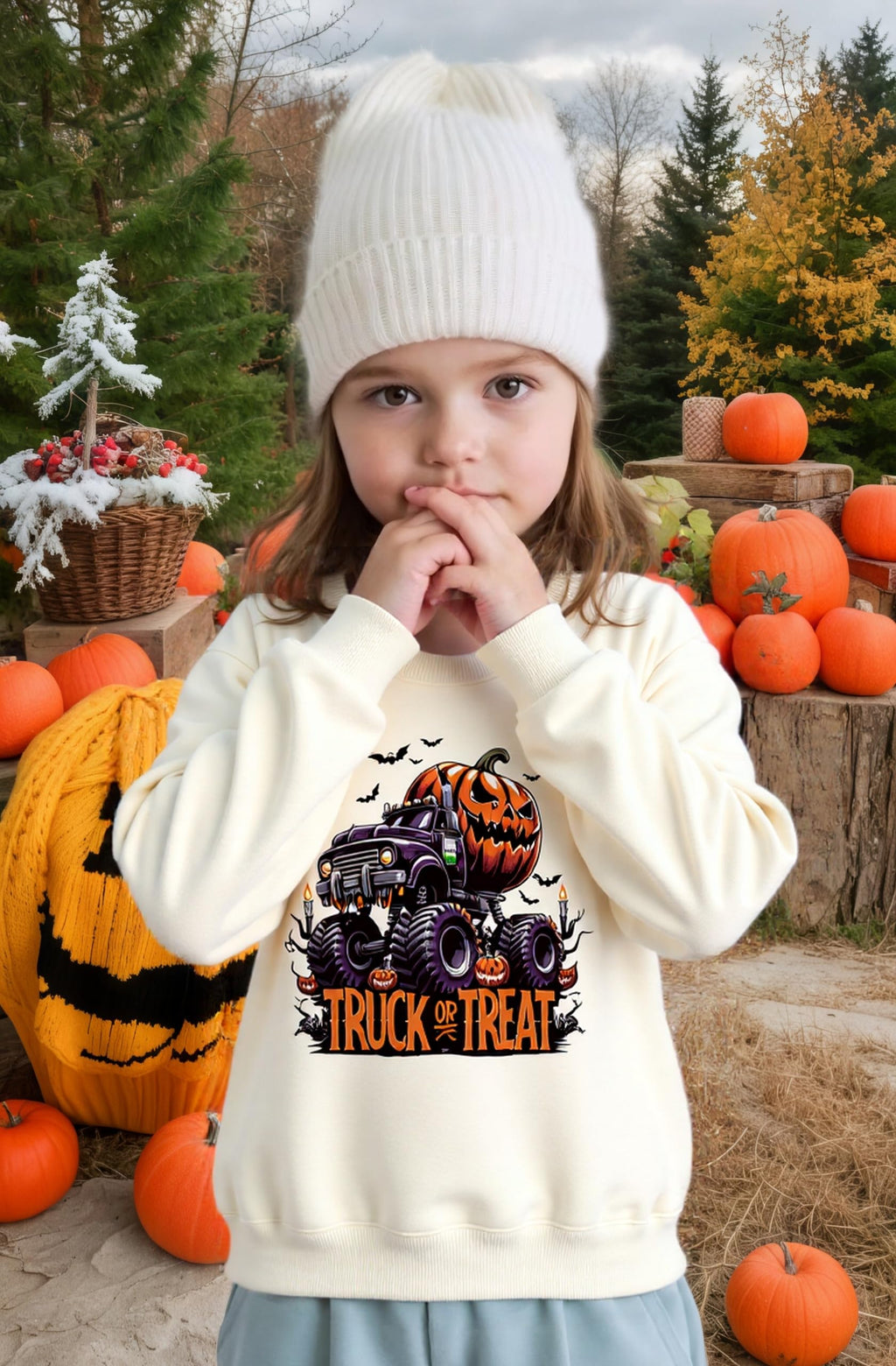 HQHKEPWA Toddler Halloween Sweatshirt 2t Boys Pumpkin Bat Monster Truck Girls Kids Shirt Cotton Long Sleeve Graphic Beige