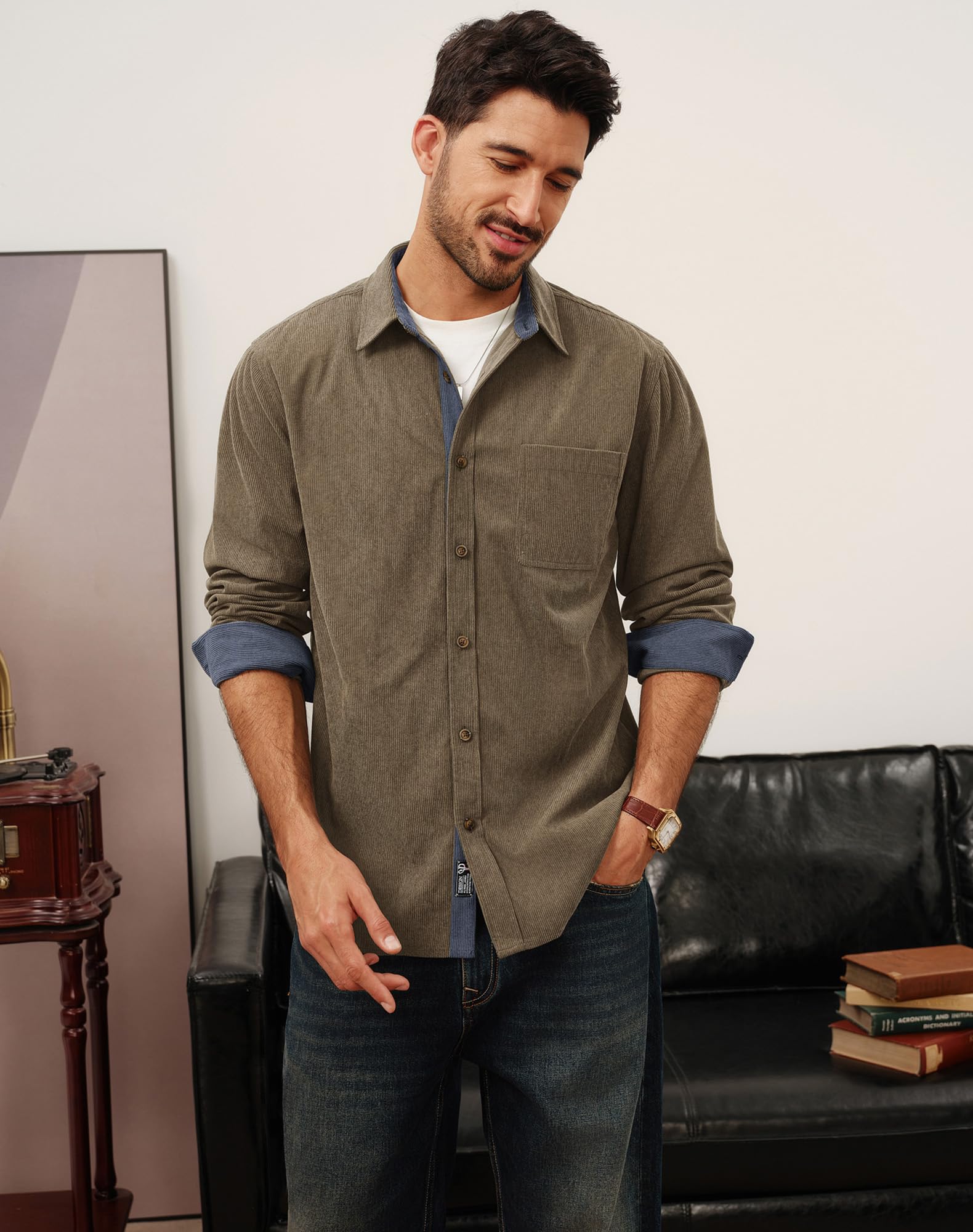 PJ PAUL JONES Men's Button Down Shirt Corduroy Long Sleeve Casual Shirts