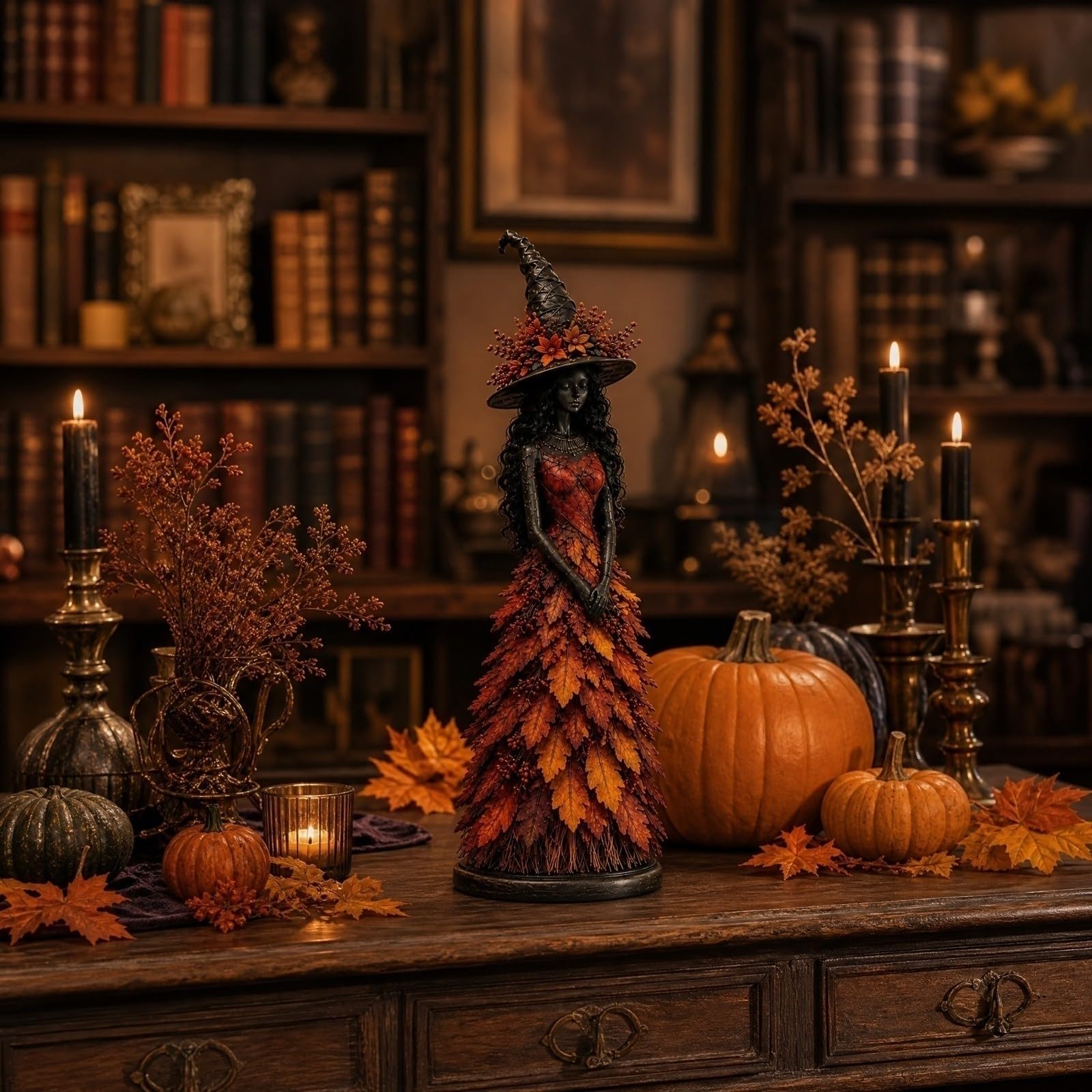 WANZZXCSL Enchanted Autumn Witch Figurine, Fall Witch Decor Halloween Tabletop Statue with Leaf Gown, Seasonal Resin Witch Decoration for Mantel Shelf Home，Saffron (Large)
