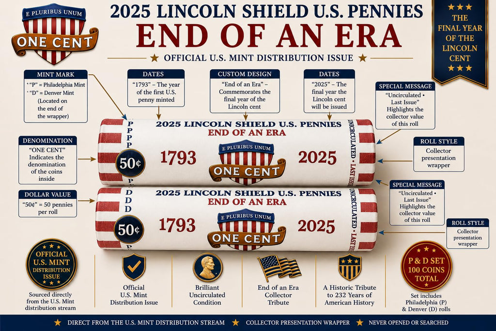 2025 Final Issue Last Lincoln Cent Penny Rolls P & D Set (100 Coins) – END of an ERA Original Collectible Rolls – Brilliant Uncirculated Mint-Issued Coins