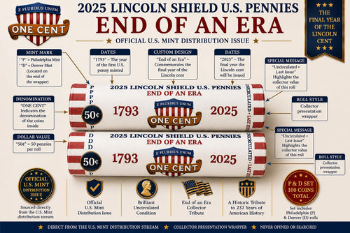 2025 Final Issue Last Lincoln Cent Penny Rolls P & D Set (100 Coins) – END of an ERA Original Collectible Rolls – Brilliant Uncirculated Mint-Issued Coins