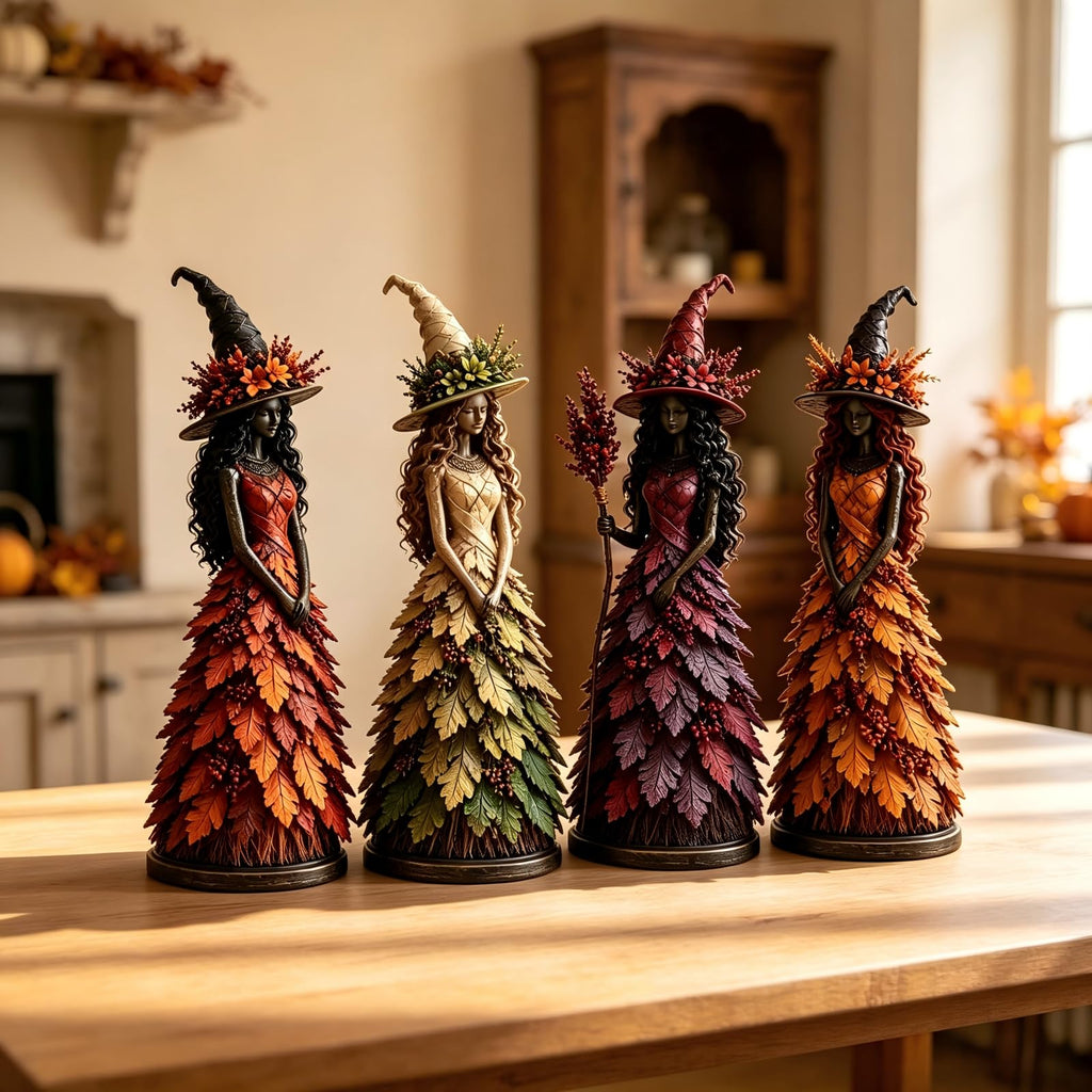 WANZZXCSL Enchanted Autumn Witch Figurine, Fall Witch Decor Halloween Tabletop Statue with Leaf Gown, Seasonal Resin Witch Decoration for Mantel Shelf Home，Saffron (Large)