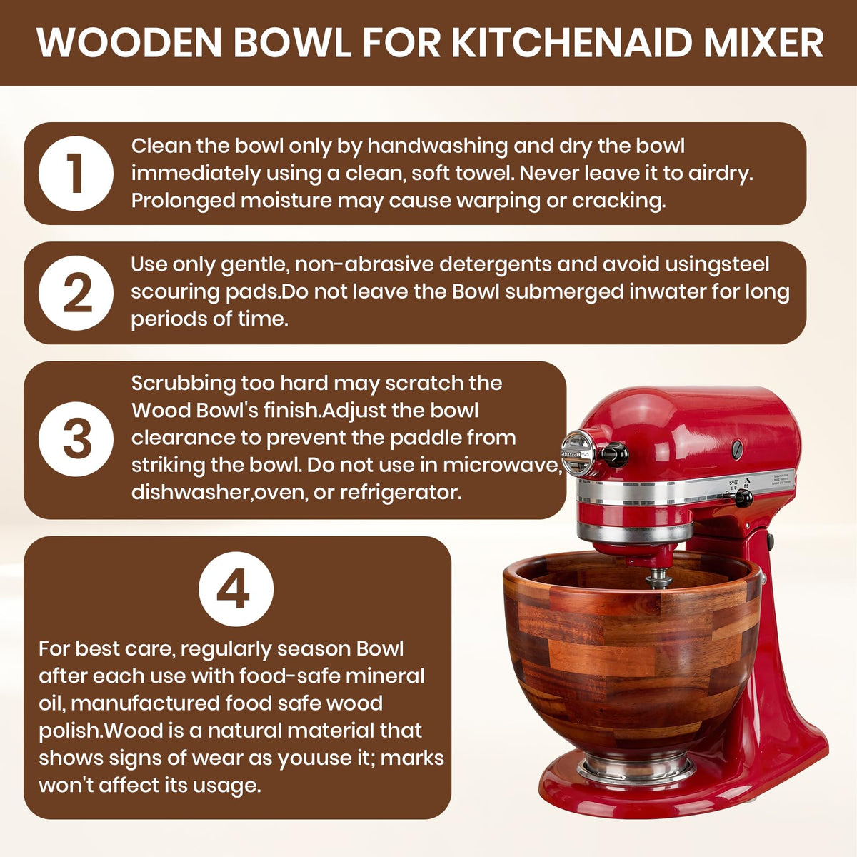 COOBL Acacia Wood Mixing Bowl for KitchenAid 5QT Stand Mixer