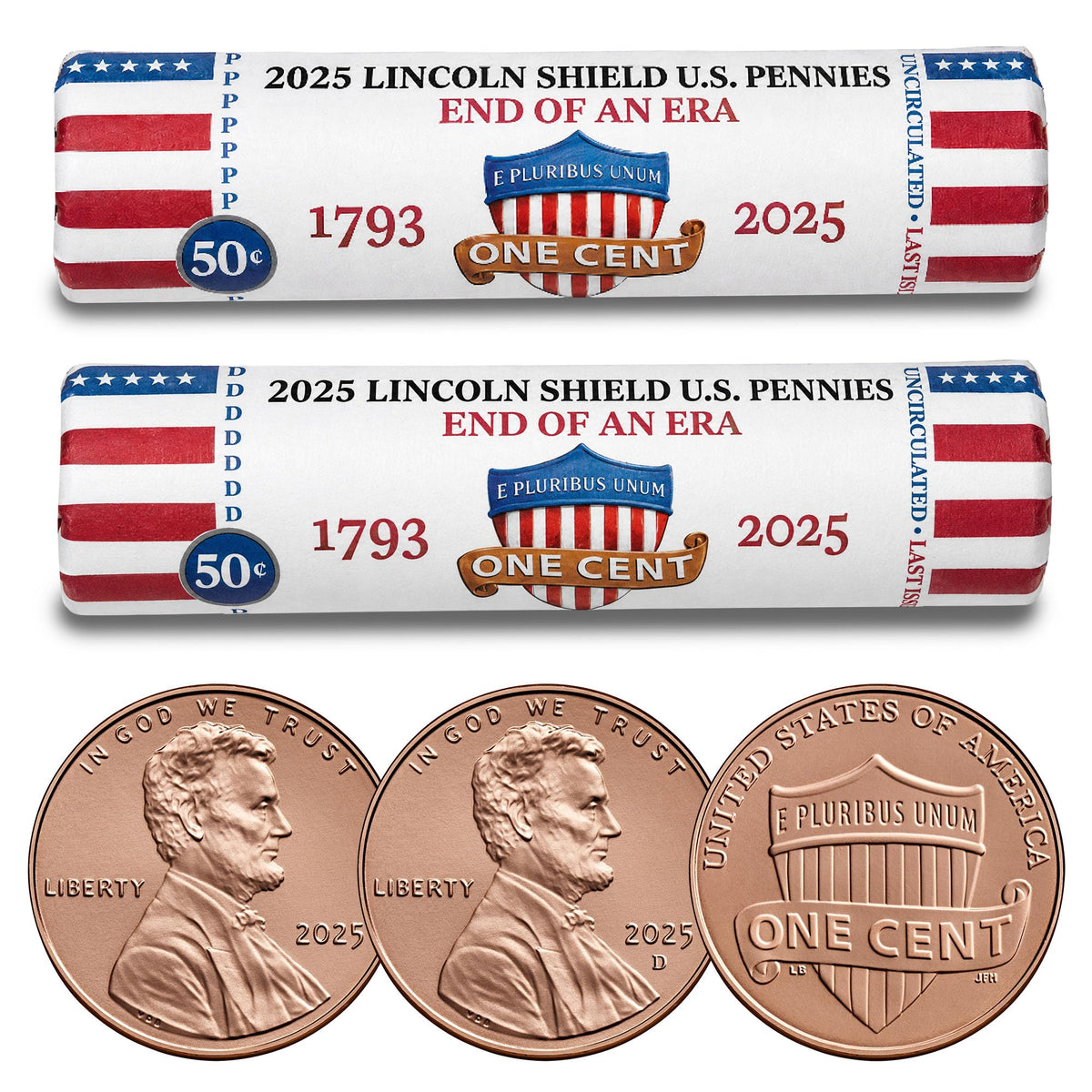 2025 Final Issue Last Lincoln Cent Penny Rolls P & D Set (100 Coins) – END of an ERA Original Collectible Rolls – Brilliant Uncirculated Mint-Issued Coins