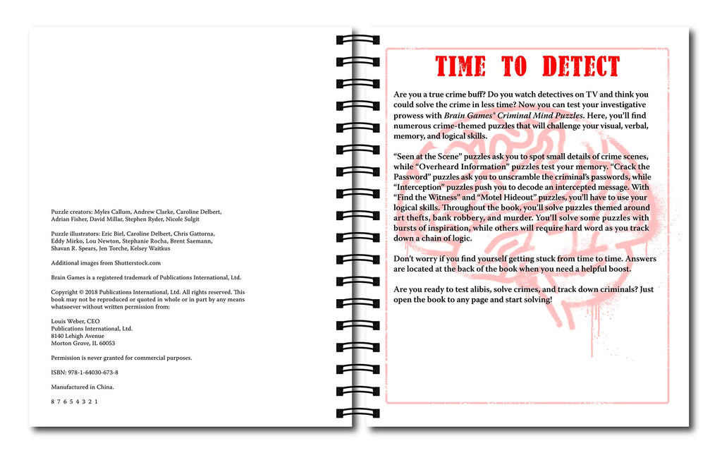 Brain Games - Criminal Mind Puzzles: Crime-Themed Brain Teasers | Visual, Verbal, Memory & Logic Puzzles | Spiral Bound Activity Book for Adults & Teens