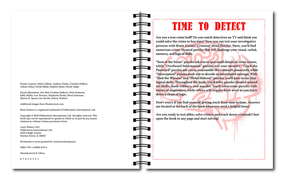 Brain Games - Criminal Mind Puzzles: Crime-Themed Brain Teasers | Visual, Verbal, Memory & Logic Puzzles | Spiral Bound Activity Book for Adults & Teens