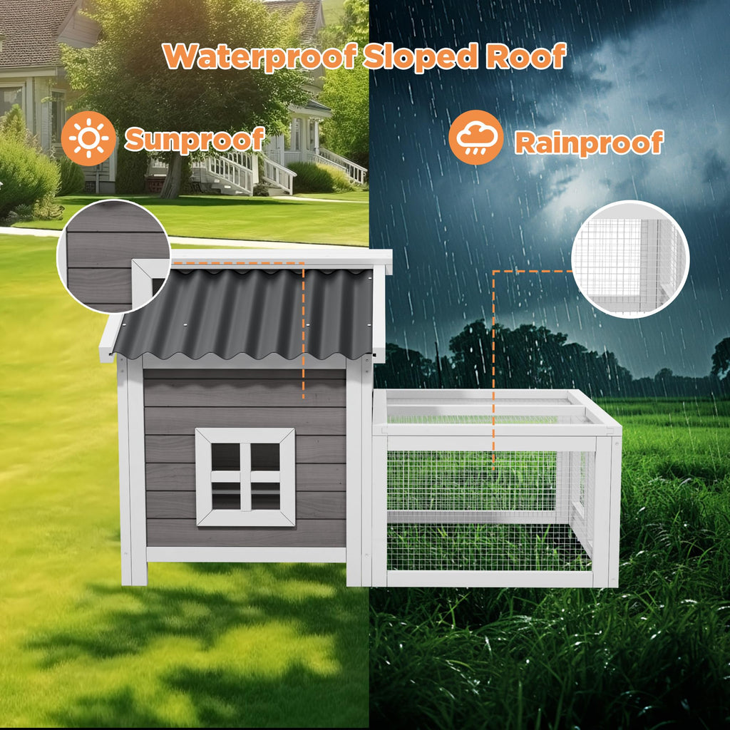 Rabbit Hutch with Run, Outdoor Woden Small Animal Cage with 2-Zone Design & Waterproof Roof for Bunny, Chicken, Quail, Guinea Pigs
