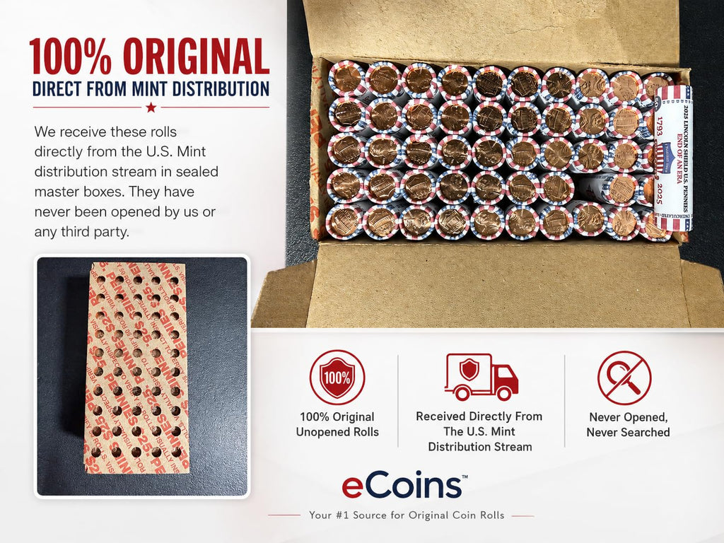 2025 Final Issue Last Lincoln Cent Penny Rolls P & D Set (100 Coins) – END of an ERA Original Collectible Rolls – Brilliant Uncirculated Mint-Issued Coins