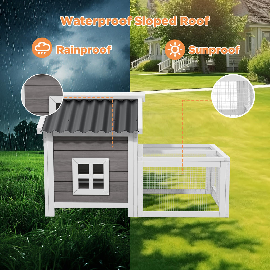 Rabbit Hutch with Run, Outdoor Woden Small Animal Cage with 2-Zone Design & Waterproof Roof for Bunny, Chicken, Quail, Guinea Pigs