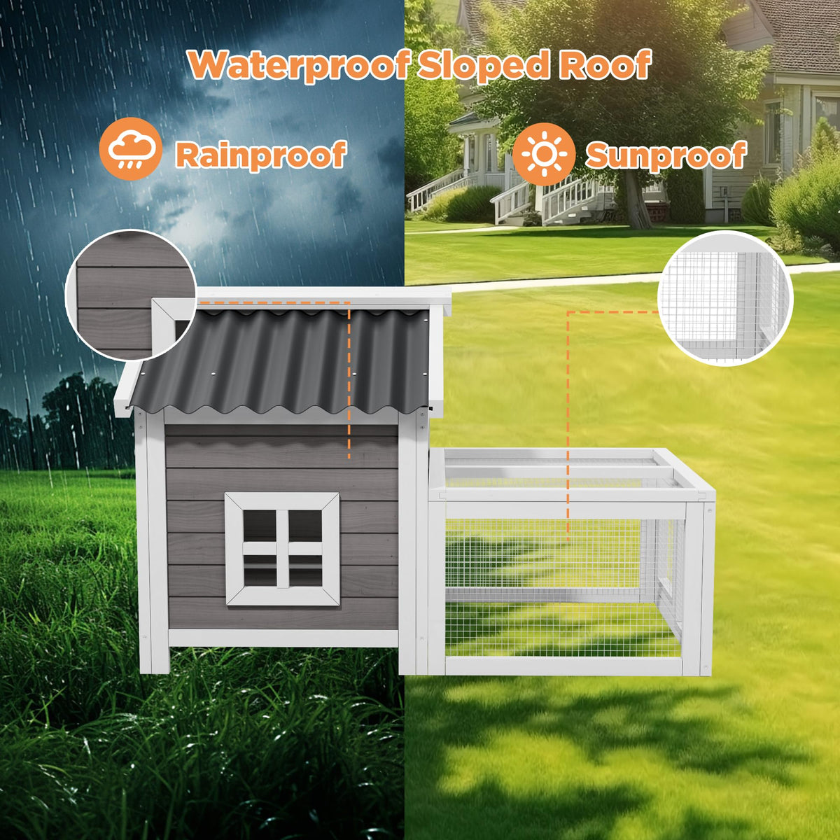 Rabbit Hutch with Run, Outdoor Woden Small Animal Cage with 2-Zone Design & Waterproof Roof for Bunny, Chicken, Quail, Guinea Pigs
