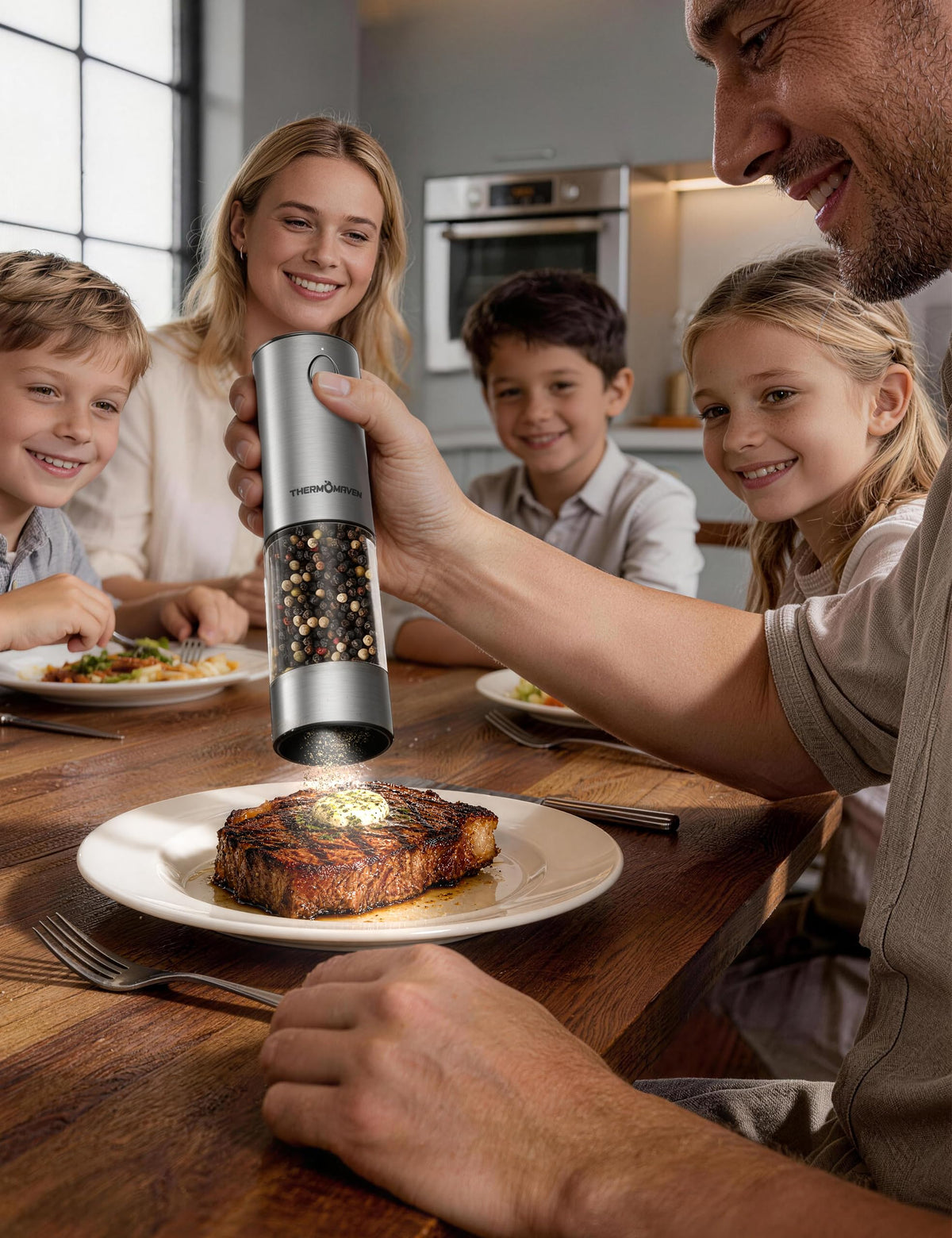 ThermoMaven Upgraded Larger Capacity Electric Salt and Pepper Grinder Set, 110ml Rechargeable Salt and Pepper Shaker with LED Light, Stainless Steel Automatic Pepper Mill with 6 Adjustable Coarseness