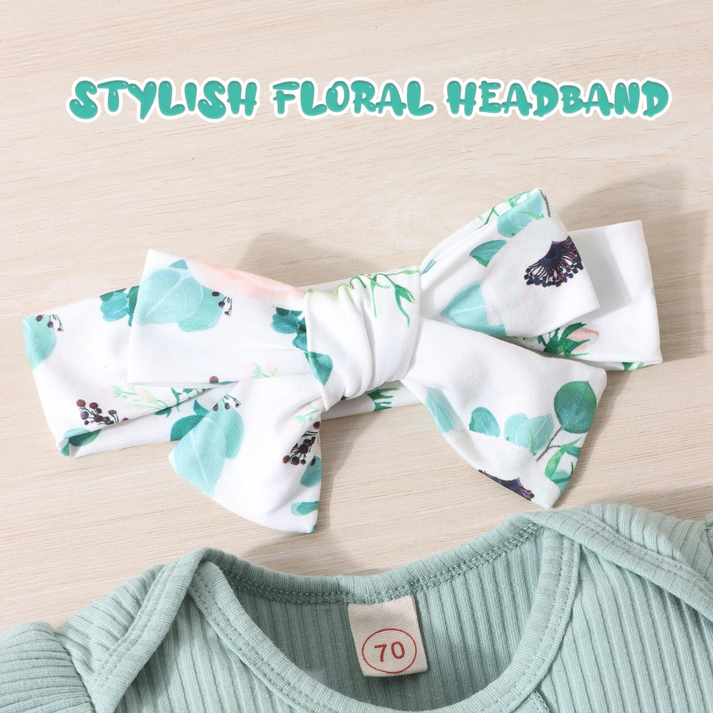 GDTOGRT Baby Girl Clothes Infant Outfit Ruffle Sleeve Romper and Floral Pants with Headband Cute Baby Clothes for Girls 3-6 Months - Green