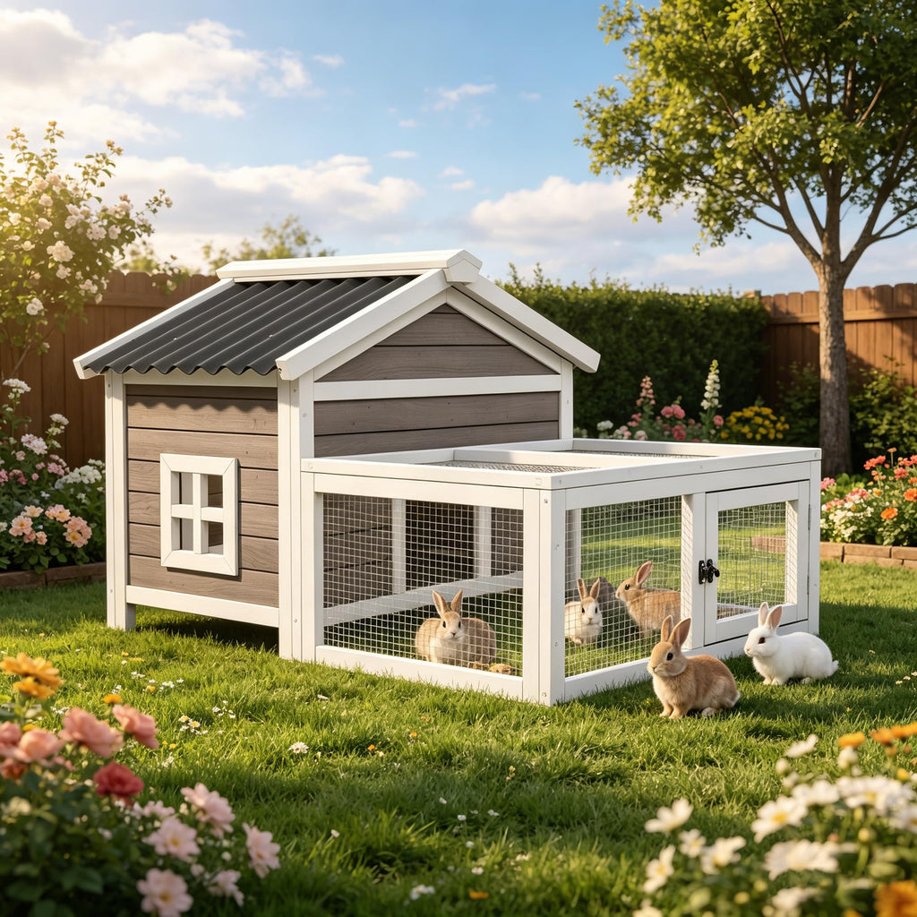 Rabbit Hutch with Run, Outdoor Woden Small Animal Cage with 2-Zone Design & Waterproof Roof for Bunny, Chicken, Quail, Guinea Pigs