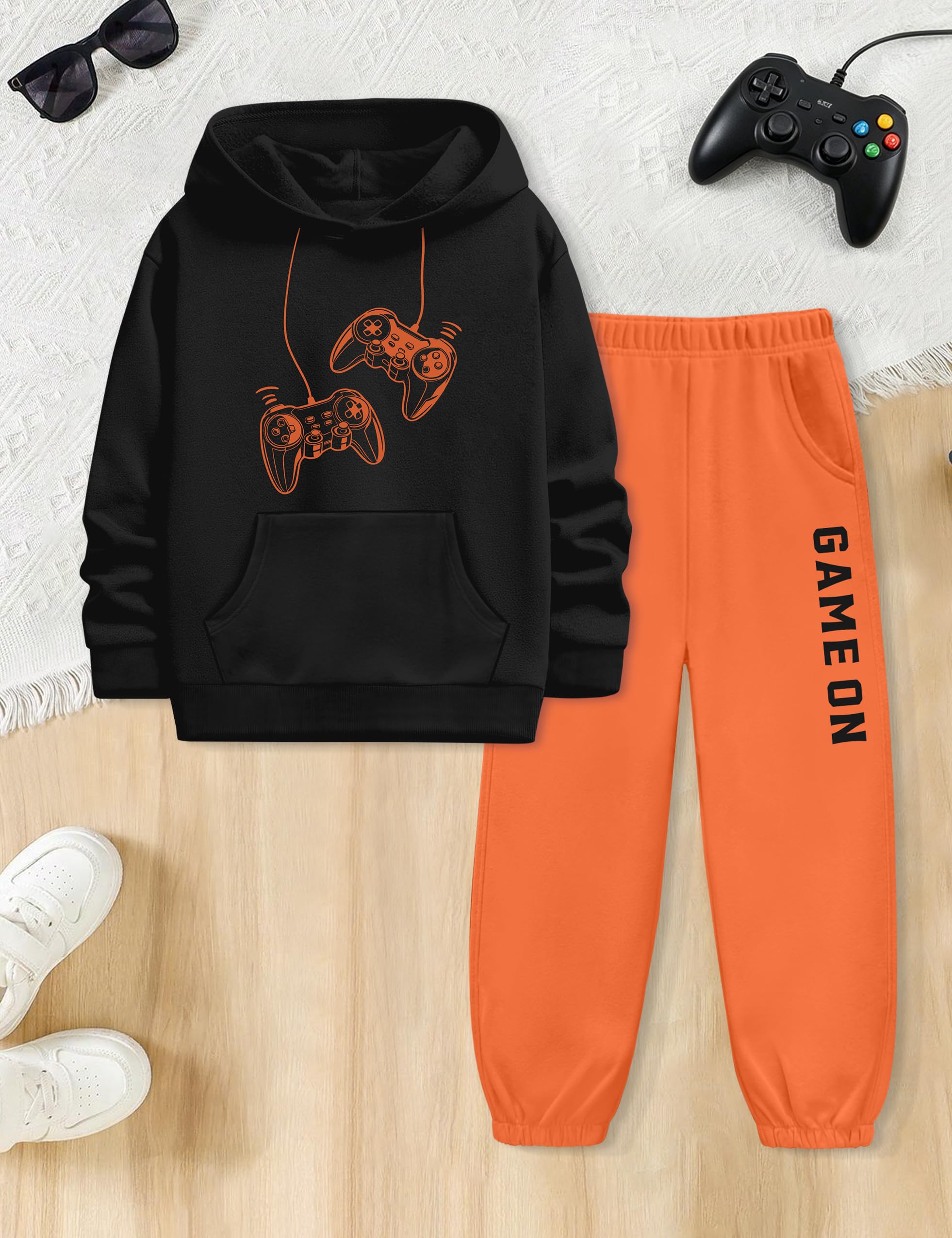 Boiltcat Boys Size 8 Clothes Letter Print Boys Sweatsuit Black Orange 7-8Y