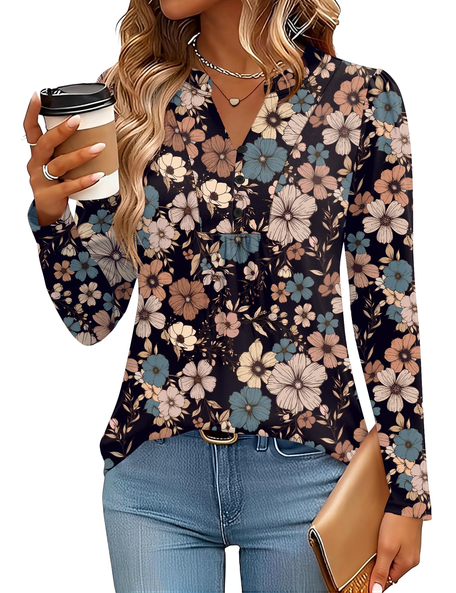 IECCP Blouses for Women Dressy Casual Long Sleeve V Neck Pleated Shirts