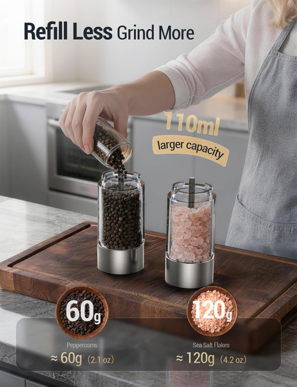 ThermoMaven Upgraded Larger Capacity Electric Salt and Pepper Grinder Set, 110ml Rechargeable Salt and Pepper Shaker with LED Light, Stainless Steel Automatic Pepper Mill with 6 Adjustable Coarseness