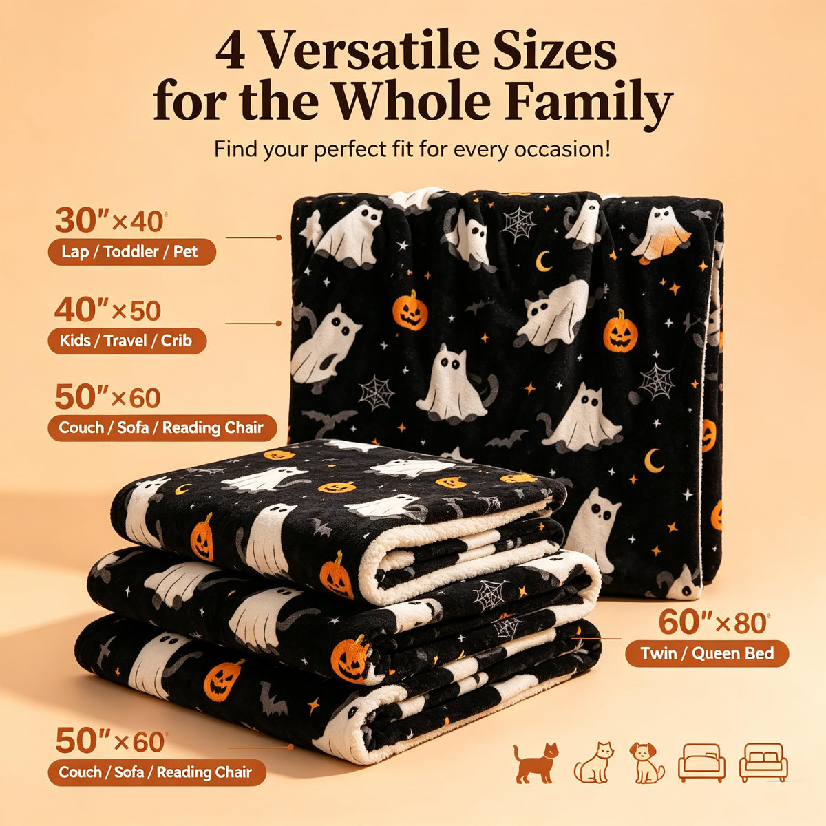 Konijoyce Halloween Throw Blanket Grid Pumpkin Cat Bat Ghost Flannel Throw Blanket for Living Room Couch Bed Chair Halloween Decor Gifts for Kids Adults