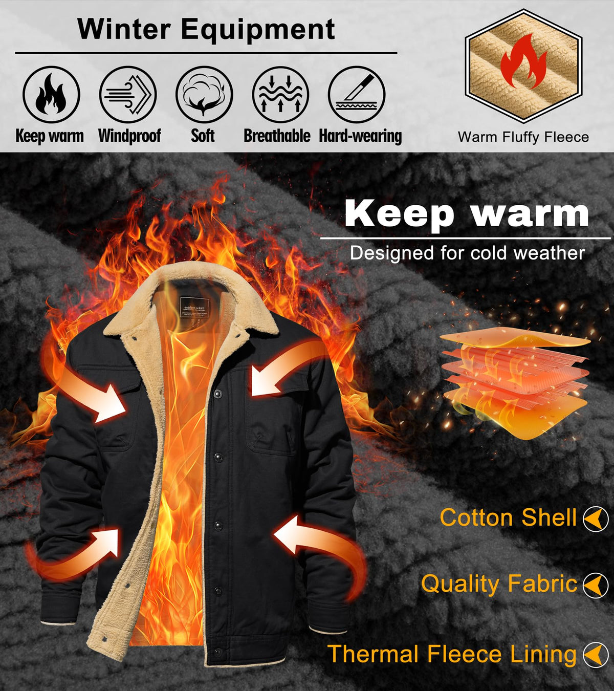 EKLENTSON Mens Winter Fleece Cotton Casual Work Cargo Jacket Black M