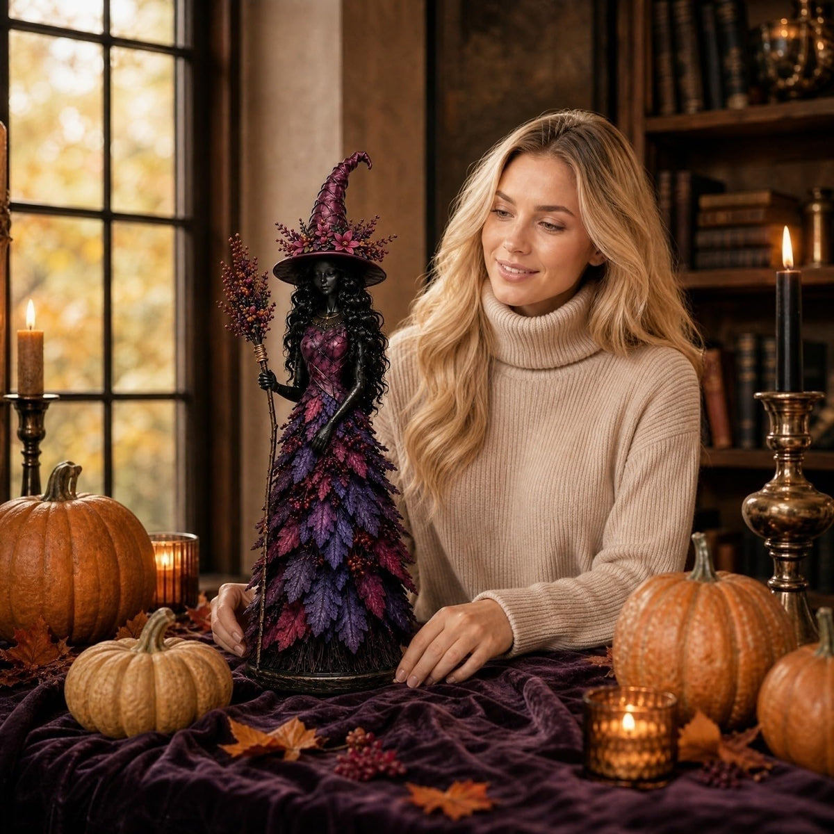 WANZZXCSL Enchanted Autumn Witch Figurine, Fall Witch Decor Halloween Tabletop Statue with Leaf Gown, Seasonal Resin Witch Decoration for Mantel Shelf Home，Saffron (Large)