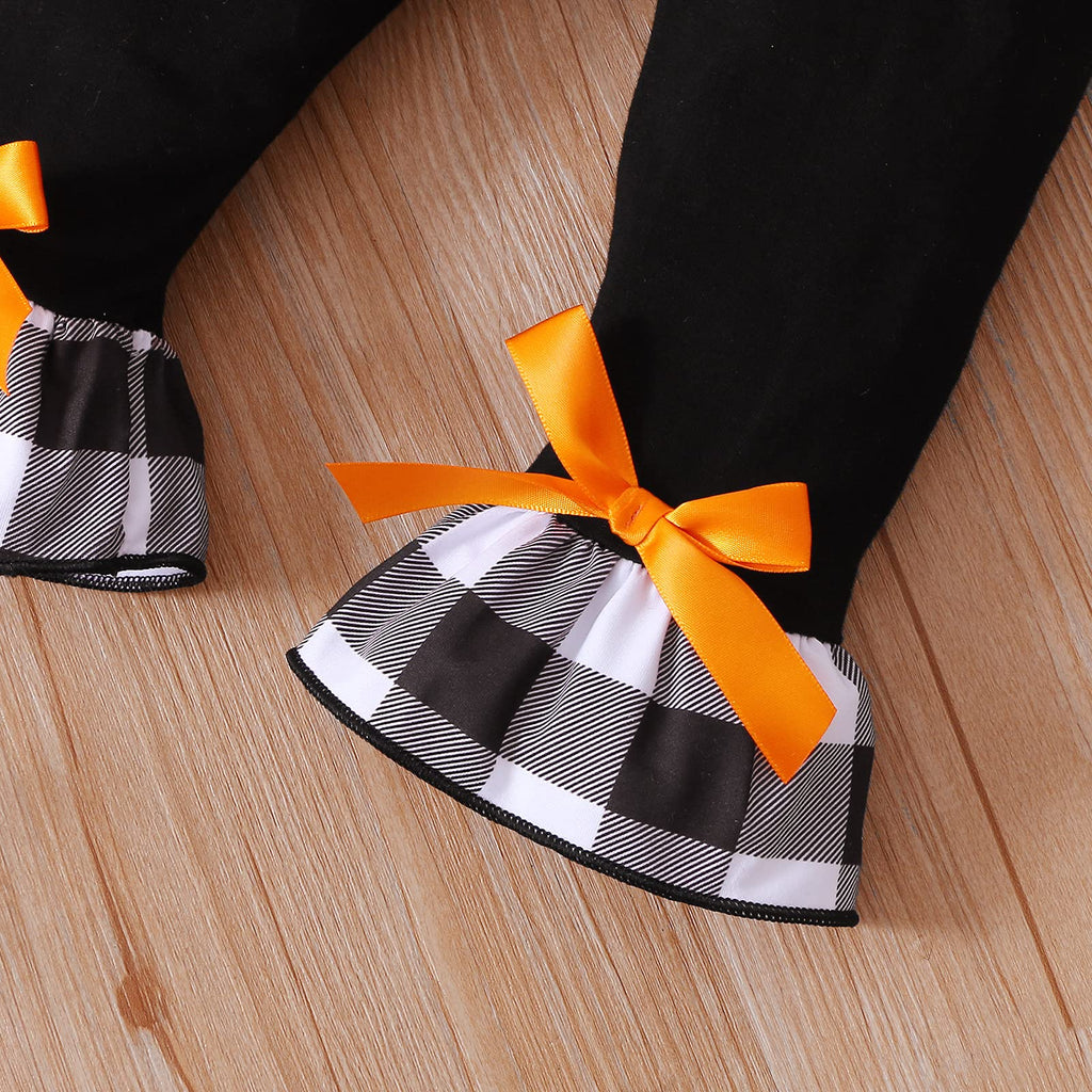 ITFABS 1-6T Toddler Girl Halloween Clothes Set Plaid Pumpkin T-Shirts Tees Pullover Shirts Tops+Flare Pants Outfit Set (Black, 2-3T)