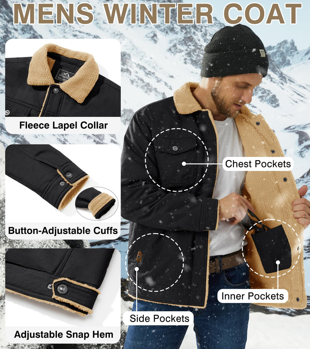 EKLENTSON Mens Winter Fleece Cotton Casual Work Cargo Jacket Black M