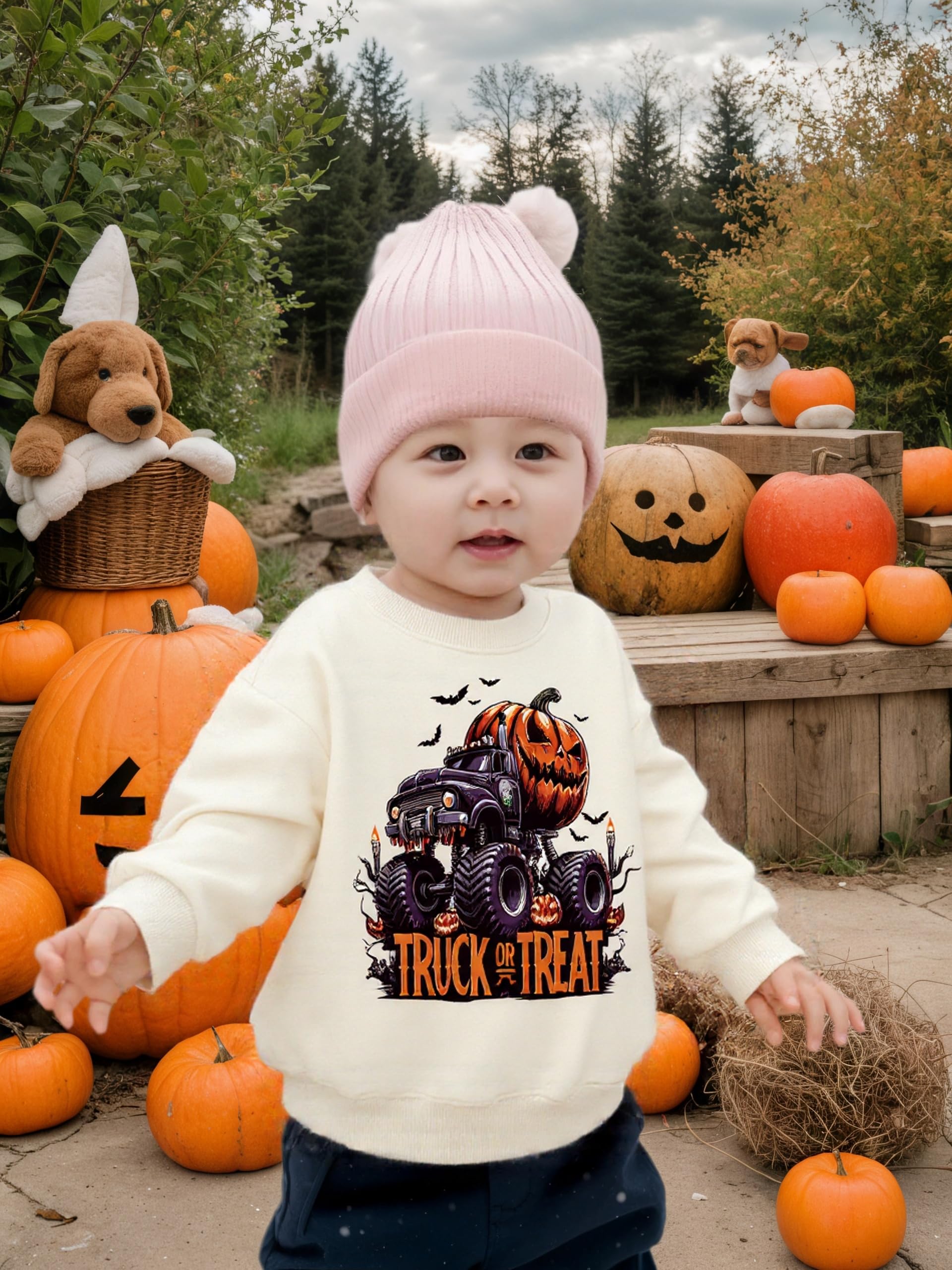HQHKEPWA Toddler Halloween Sweatshirt 2t Boys Pumpkin Bat Monster Truck Girls Kids Shirt Cotton Long Sleeve Graphic Beige