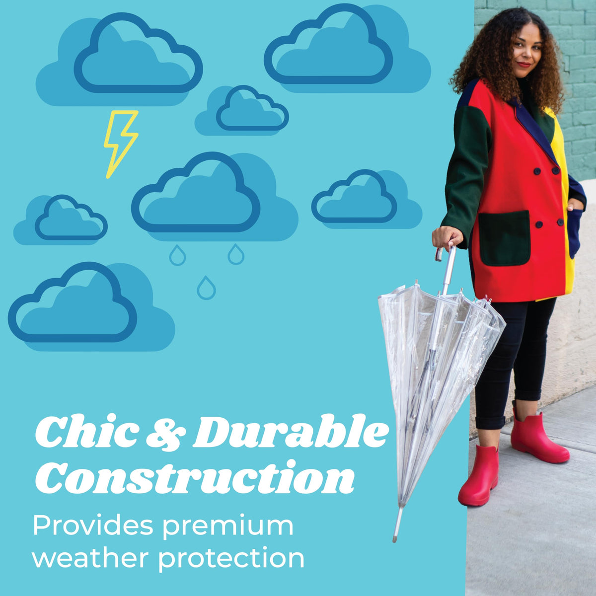 Totes Signature Clear Bubble, Rain & Windproof Umbrella - Perfect for Weddings, Travel and Outdoor Events - Curved Handle with Deluxe Finish, in Transparent or Colorful Design Options