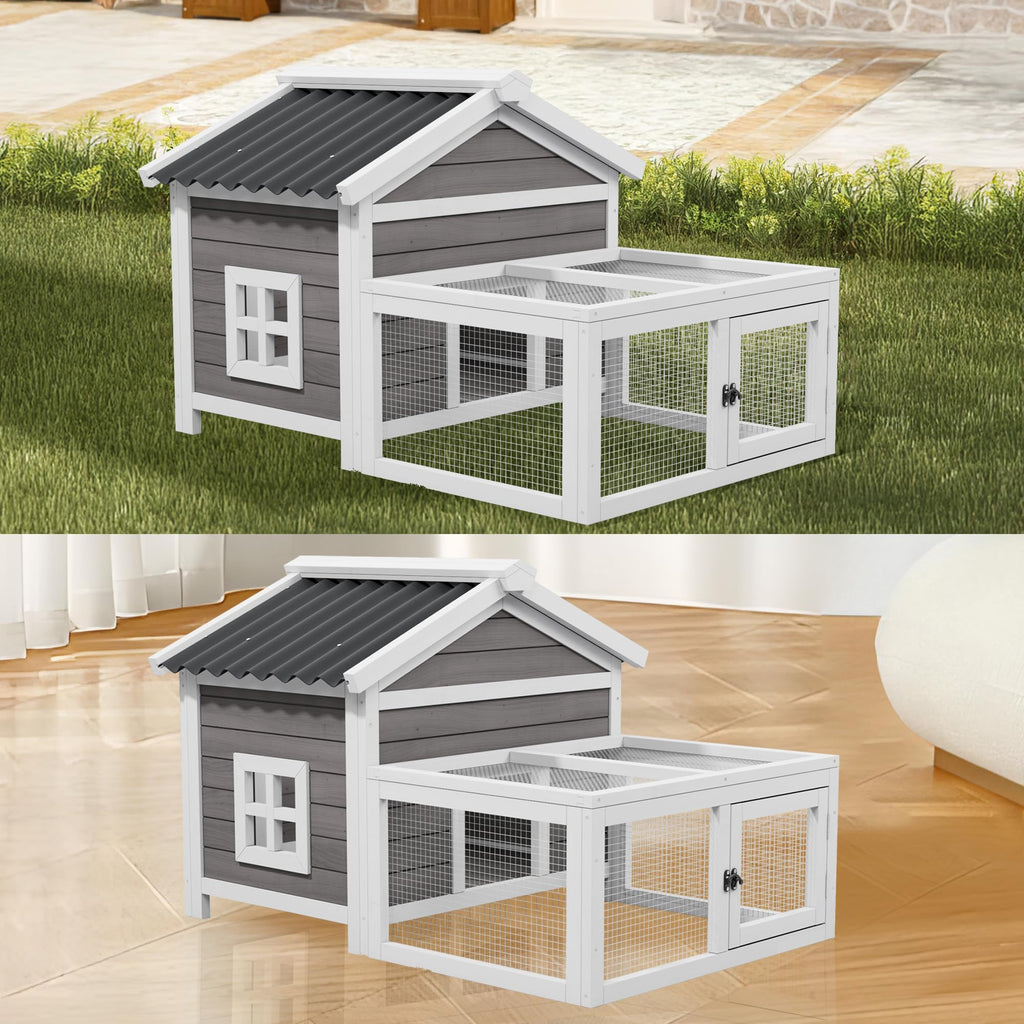 Rabbit Hutch with Run, Outdoor Woden Small Animal Cage with 2-Zone Design & Waterproof Roof for Bunny, Chicken, Quail, Guinea Pigs