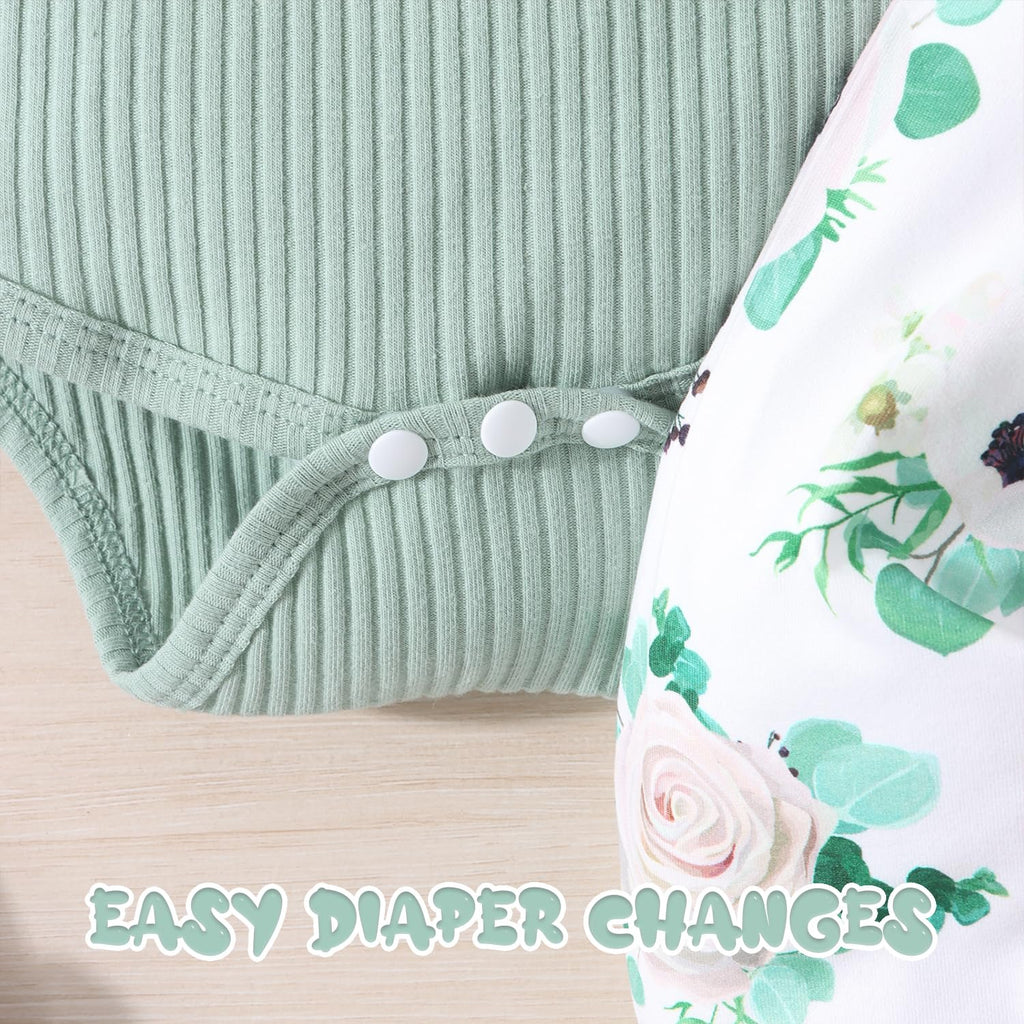 GDTOGRT Baby Girl Clothes Infant Outfit Ruffle Sleeve Romper and Floral Pants with Headband Cute Baby Clothes for Girls 3-6 Months - Green