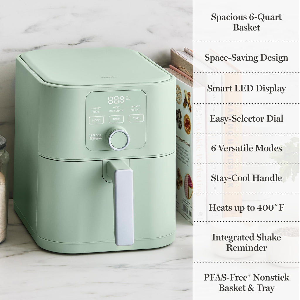 Martha Stewart 6-Quart Air Fryer, 6 Presets, Space Saving, Honeydew Sage