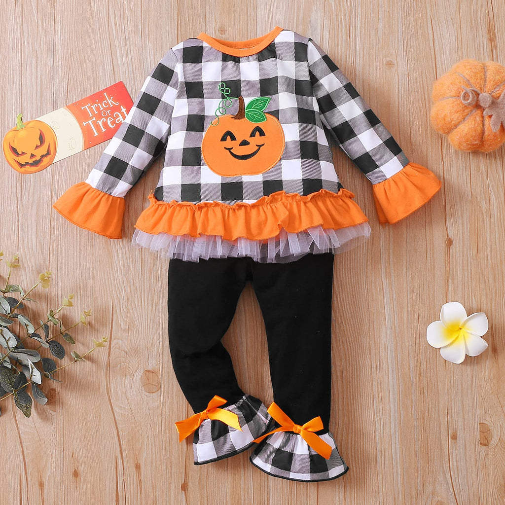 ITFABS 1-6T Toddler Girl Halloween Clothes Set Plaid Pumpkin T-Shirts Tees Pullover Shirts Tops+Flare Pants Outfit Set (Black, 2-3T)