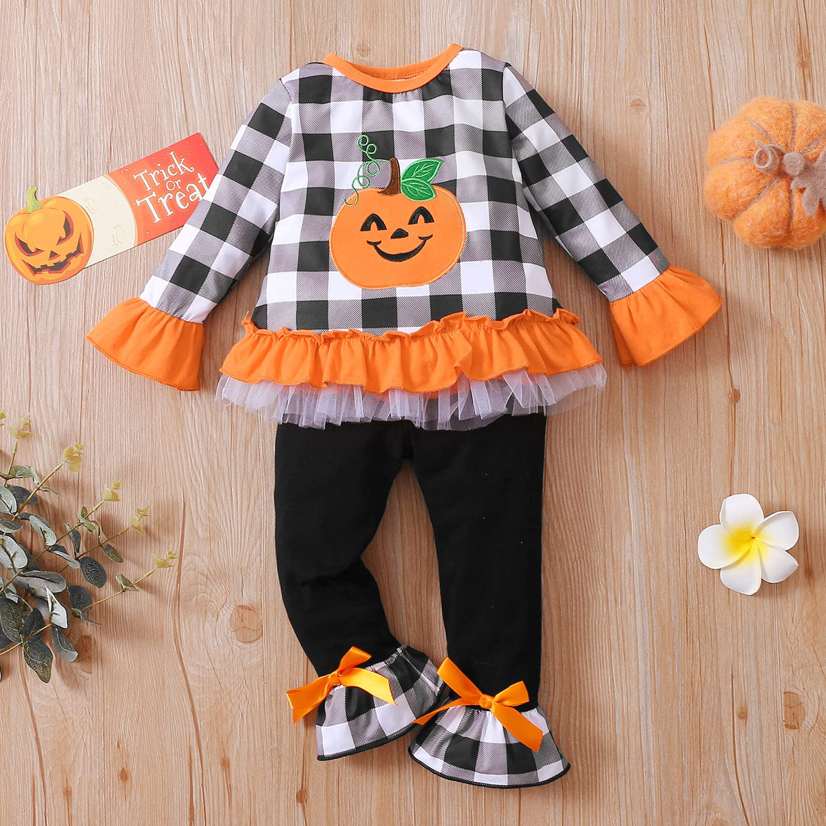 ITFABS 1-6T Toddler Girl Halloween Clothes Set Plaid Pumpkin T-Shirts Tees Pullover Shirts Tops+Flare Pants Outfit Set (Black, 2-3T)
