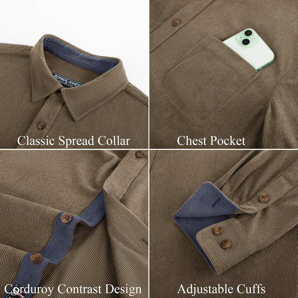 PJ PAUL JONES Men's Button Down Shirt Corduroy Long Sleeve Casual Shirts