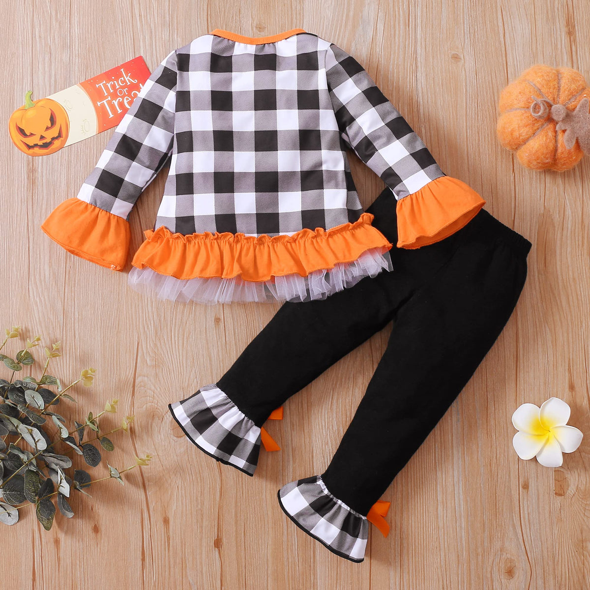 ITFABS 1-6T Toddler Girl Halloween Clothes Set Plaid Pumpkin T-Shirts Tees Pullover Shirts Tops+Flare Pants Outfit Set (Black, 2-3T)