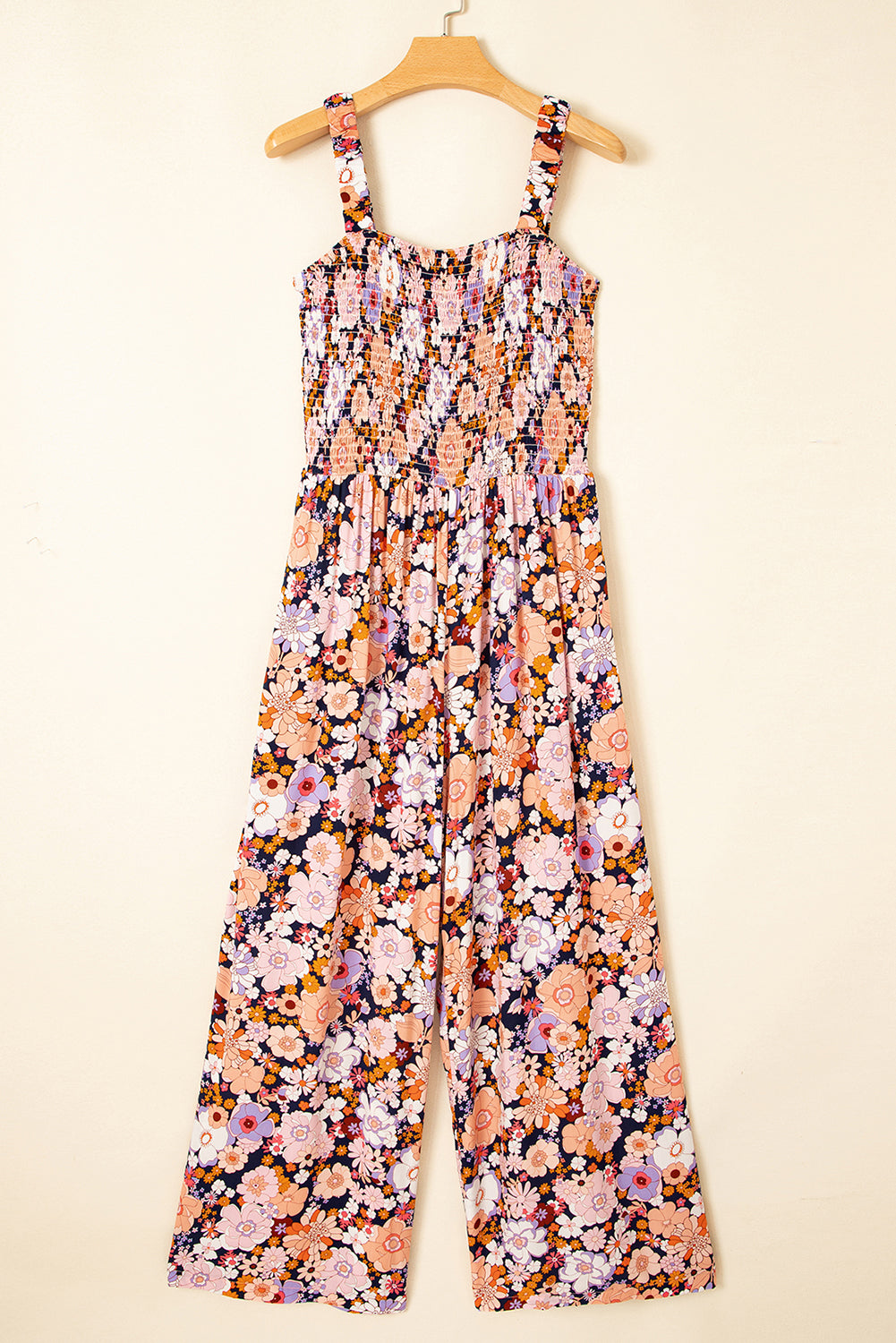 Green Floral Print Smocked High Waist Square Neck Jumpsuit